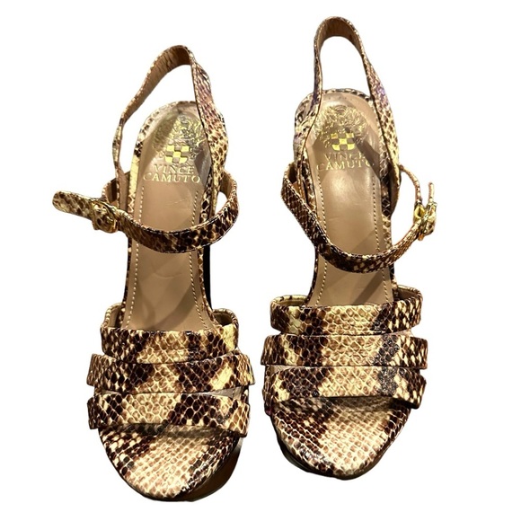 VINCE CAMUTO MINER BROWN SNAKE PRINT PLATFORM 70s STYLE SANDALS 7.5 - Picture 1 of 5